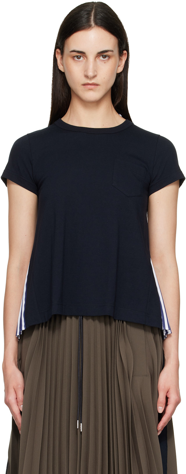 トップス sacai Cotton Poplin x Cotton Jersey sacai: Navy Cotton Poplin x Cotton Jersey T-shirt | SSENSE