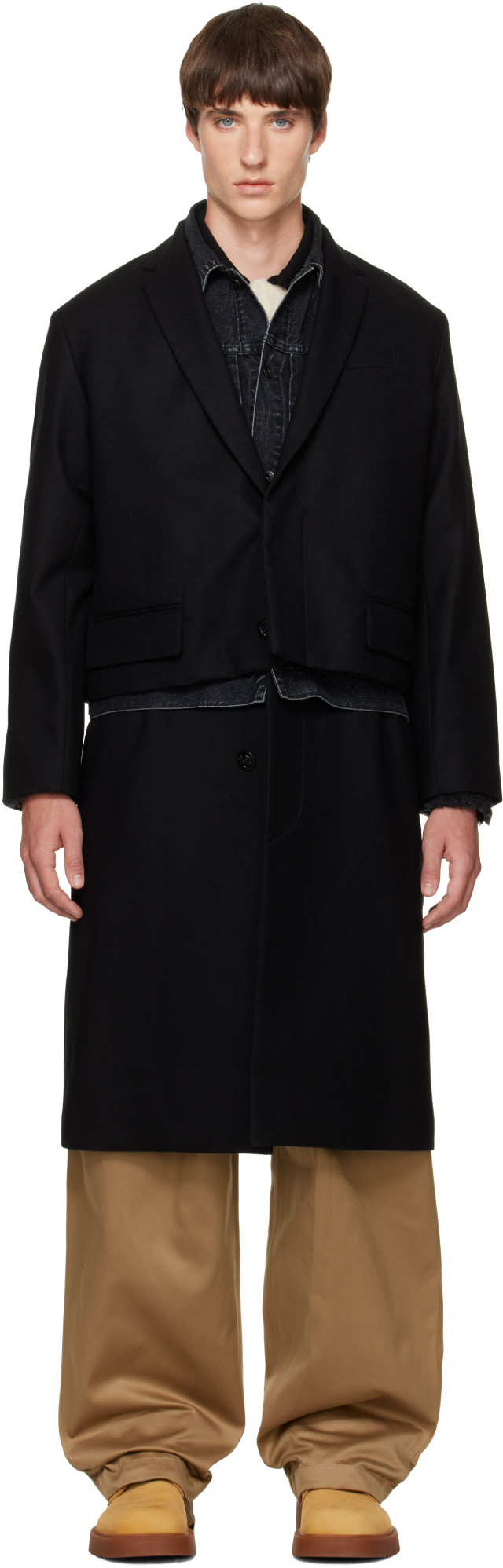 sacai　サカイ　デニム　チェスターコート sacai: ブラック Wool Flannel x Denim コート | SSENSE 日本
