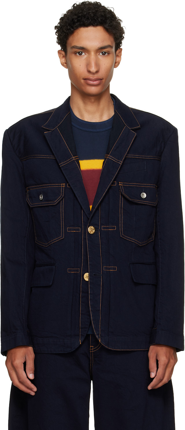 sacai 24AWネイビー ダブルブレストジャケット サイズ1 sacai: Navy Notched Lapel Denim Blazer | SSENSE