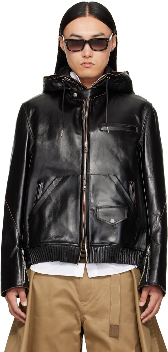 sacai: Black Blouson Leather Jacket | SSENSE