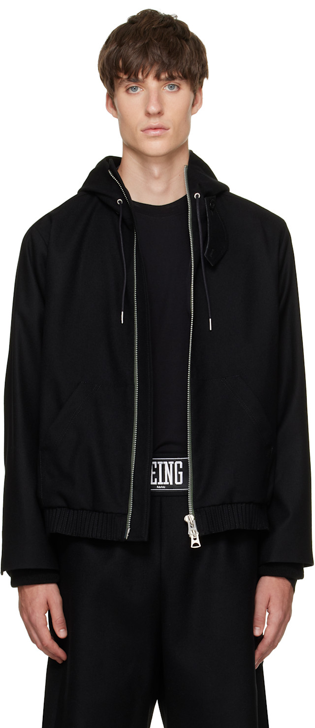 sacai: Black Wool Flannel Hoodie | SSENSE