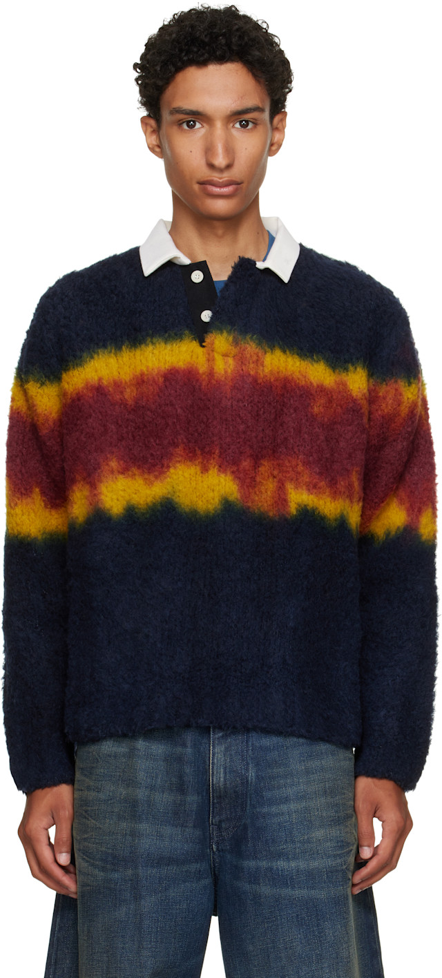 sacai: Navy & Burgundy Chusen-Dyed Knit Polo | SSENSE