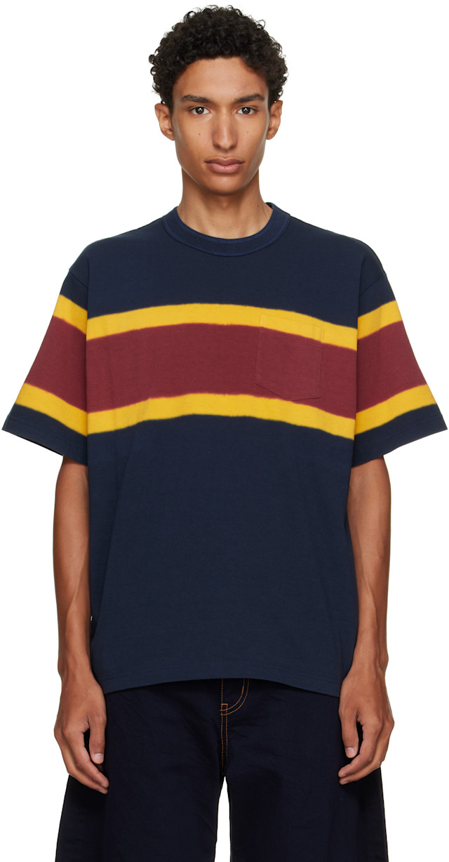 sacai: Navy & Burgundy Chusen-Dyed Cotton Jersey T-shirt | SSENSE