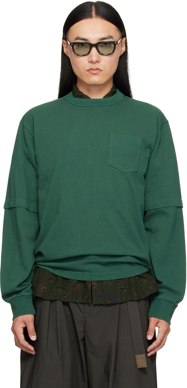 sacai NASA コラボ　20aw プラネット　プリーツ　ブラウス sacai: Green Cotton Jersey L/S T-shirt | SSENSE