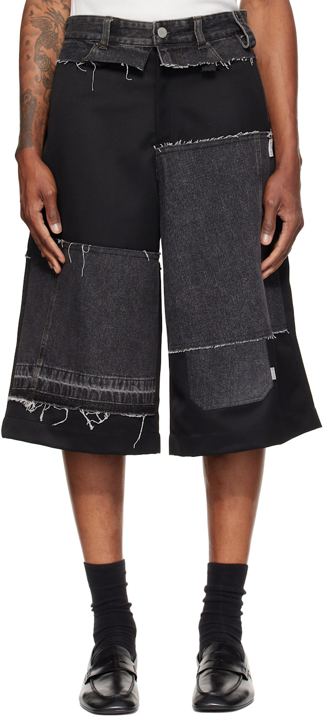 RE;CODE: Black Mixed Fabric Denim Shorts | SSENSE
