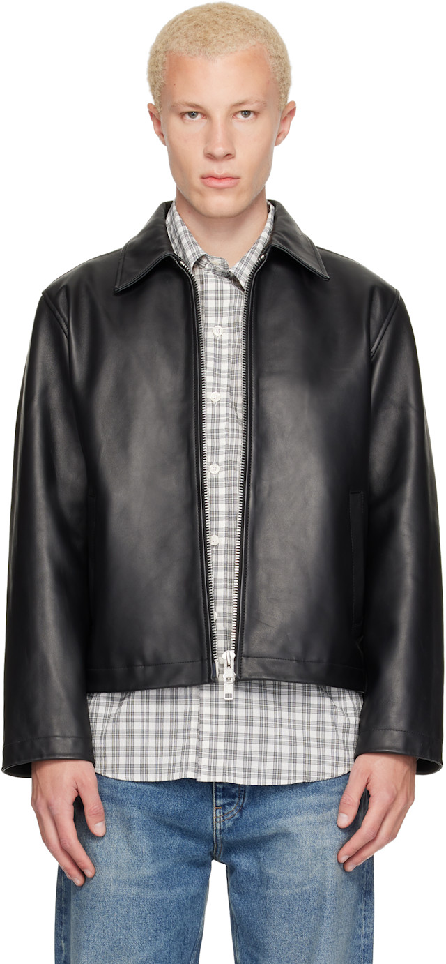 sunflower レザージャケット　サイズ48 Sunflower: Black Short Leather Jacket | SSENSE