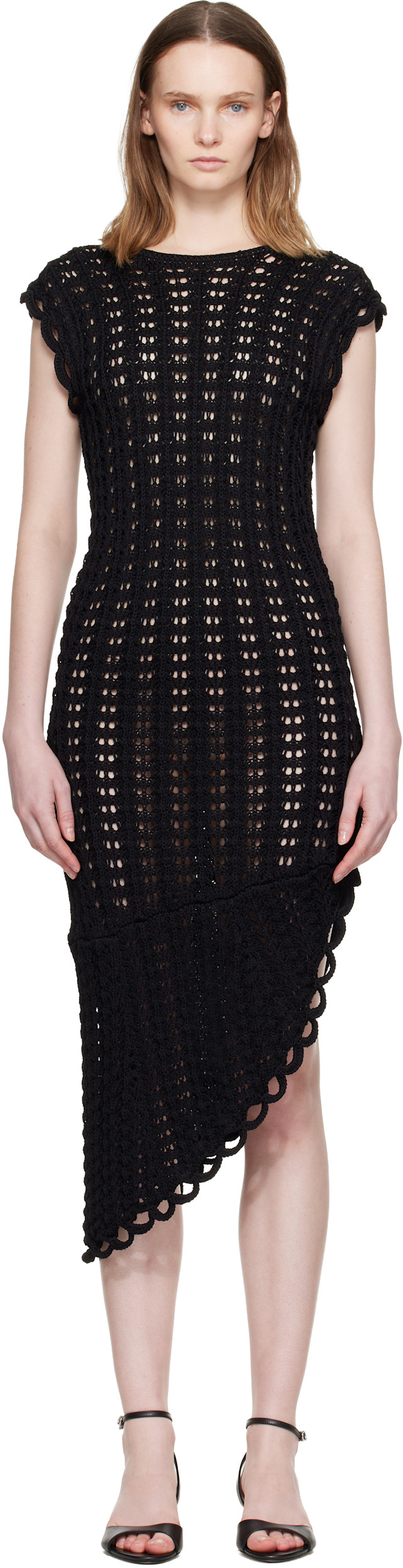 Loulou de Saison Black Malena Ruffled crochet Midi Dress