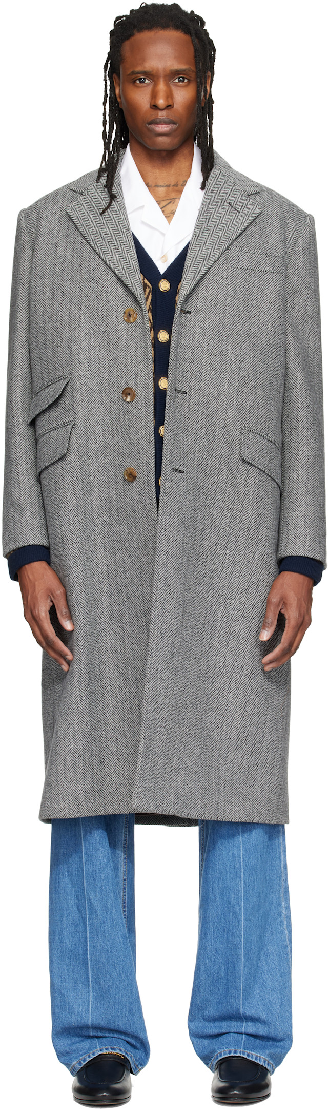 Valentino: Gray Wool Herringbone Coat | SSENSE