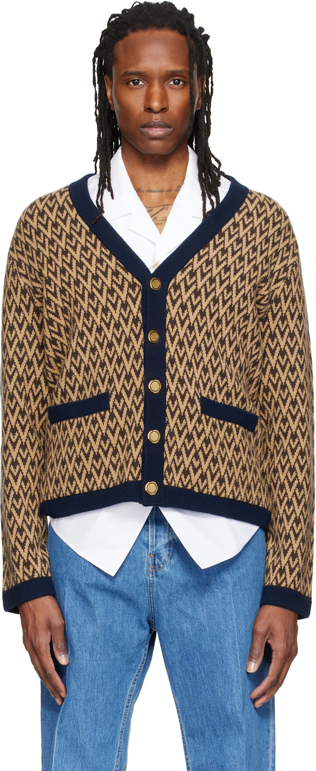 〈定価29万！新品〉VALENTINO VLTN カシミヤ混合ニットカーディガン Valentino: Beige & Navy Jacquard Logo Wool Cardigan | SSENSE