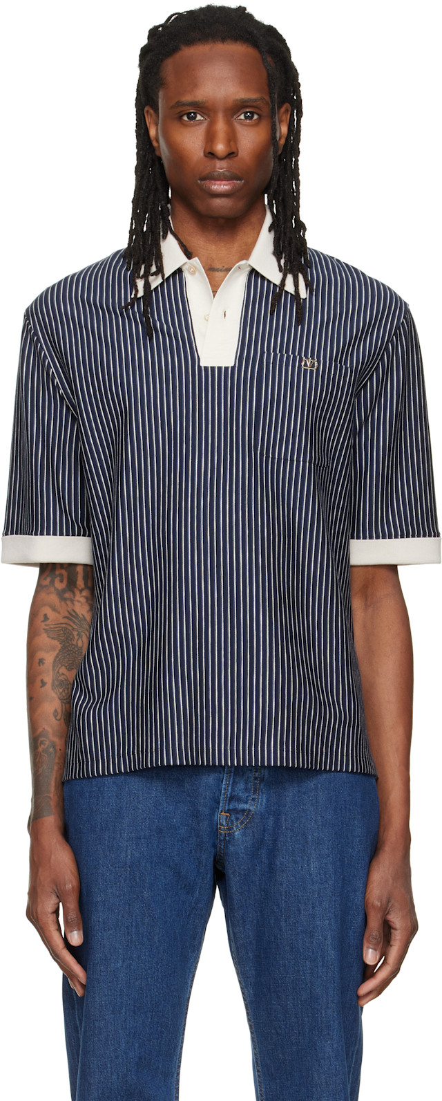VALENTINO ポロシャツ　Ｌ Valentino: ネイビー Striped VLogo エンブロイダリー ポロシャツ