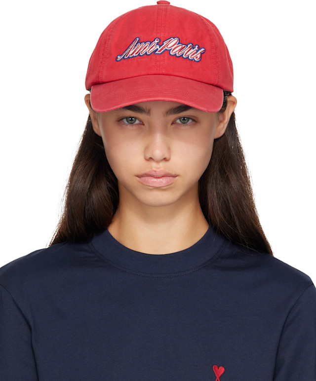 AMI Paris: レッド 'AMI Paris' Embroidery コットン キャップ