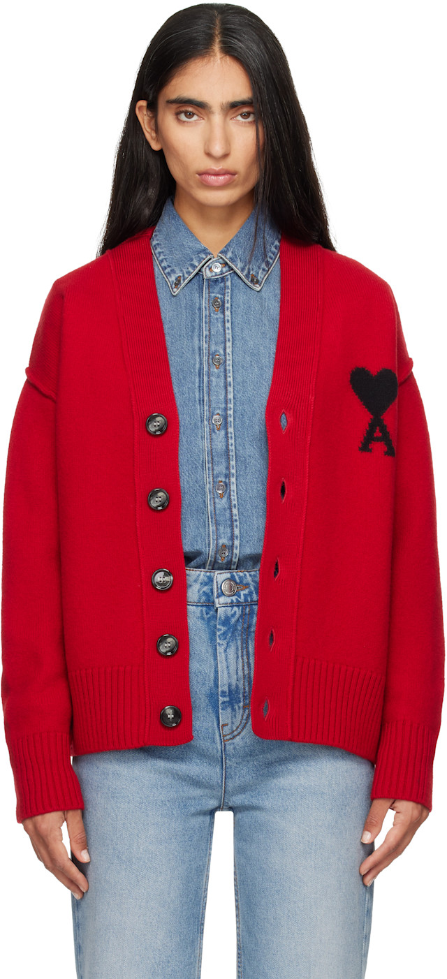 AMI Paris: Red Natural Wool Ami De Coeur Cardigan | SSENSE