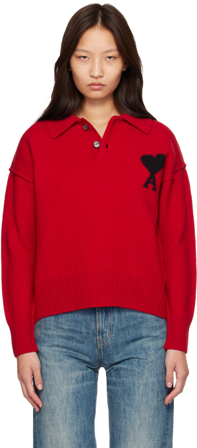 AMI Paris: レッド Ami de Coeur ウール ニットポロシャツ | SSENSE 日本