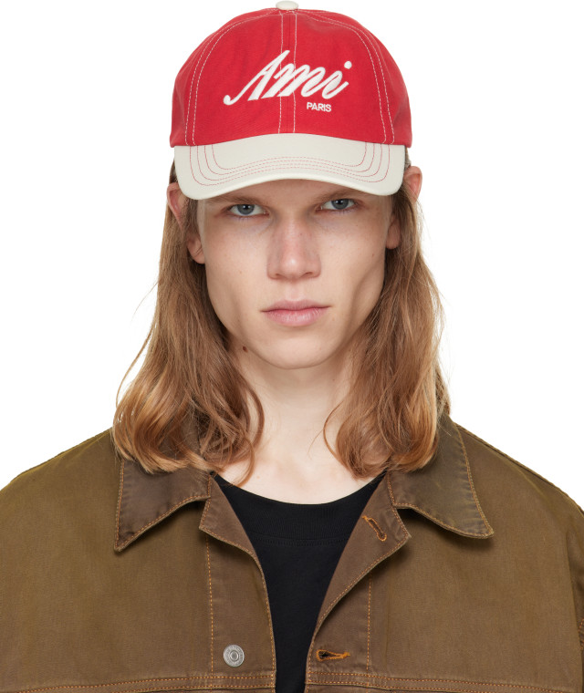 AMI Paris: Red & White 'AMI' Embroidery Bicolor Cap | SSENSE