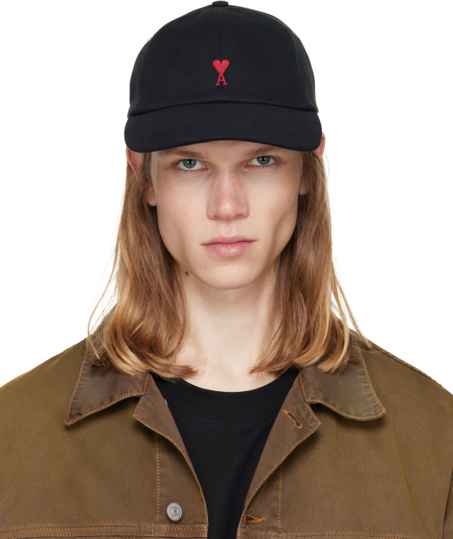 AMI Paris: Black Red Ami De Coeur Embroidery Cap | SSENSE