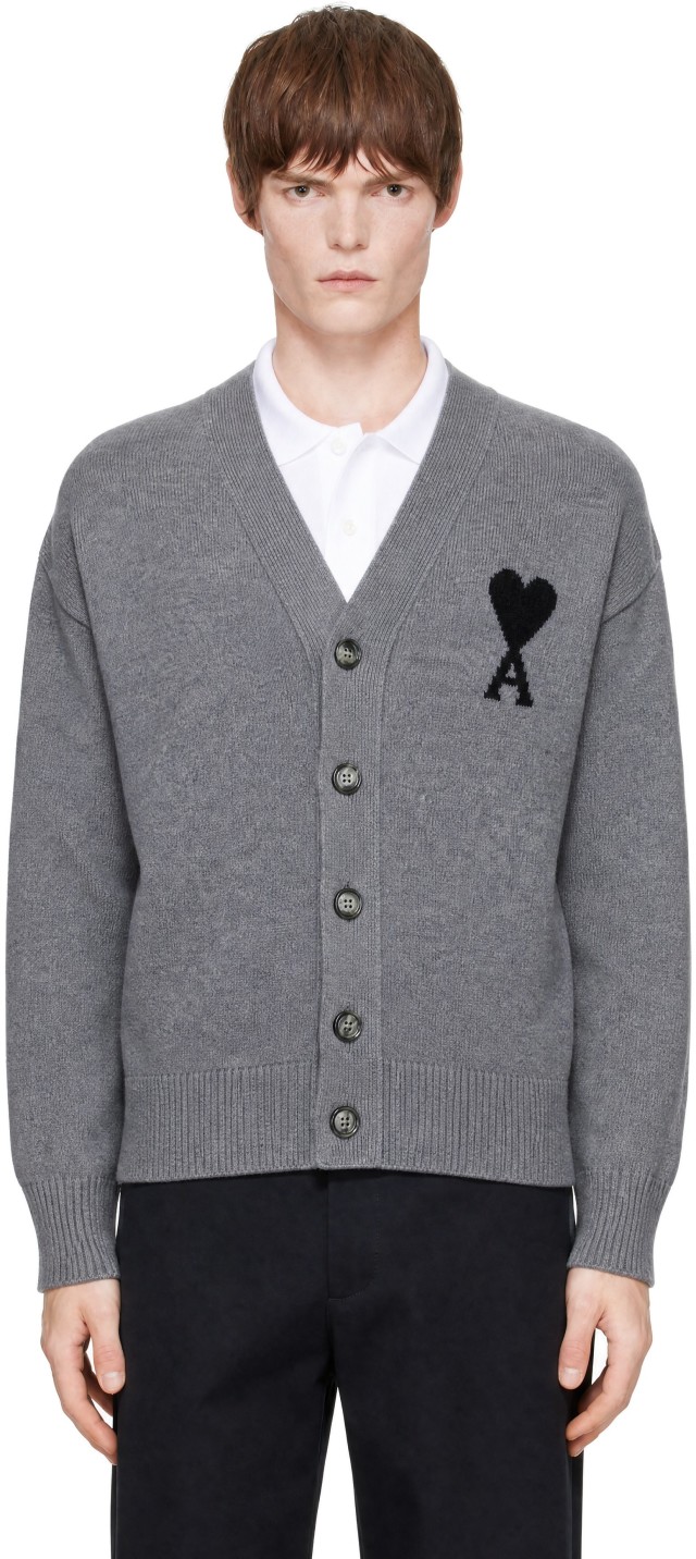 AMI Paris: Gray V-Neck Ami de Coeur Cardigan | SSENSE