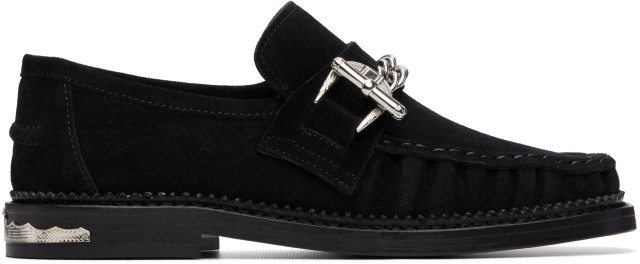 靴 TOGA PULLA Square toe gillie Toga Pulla: Black Suede Loafers | SSENSE