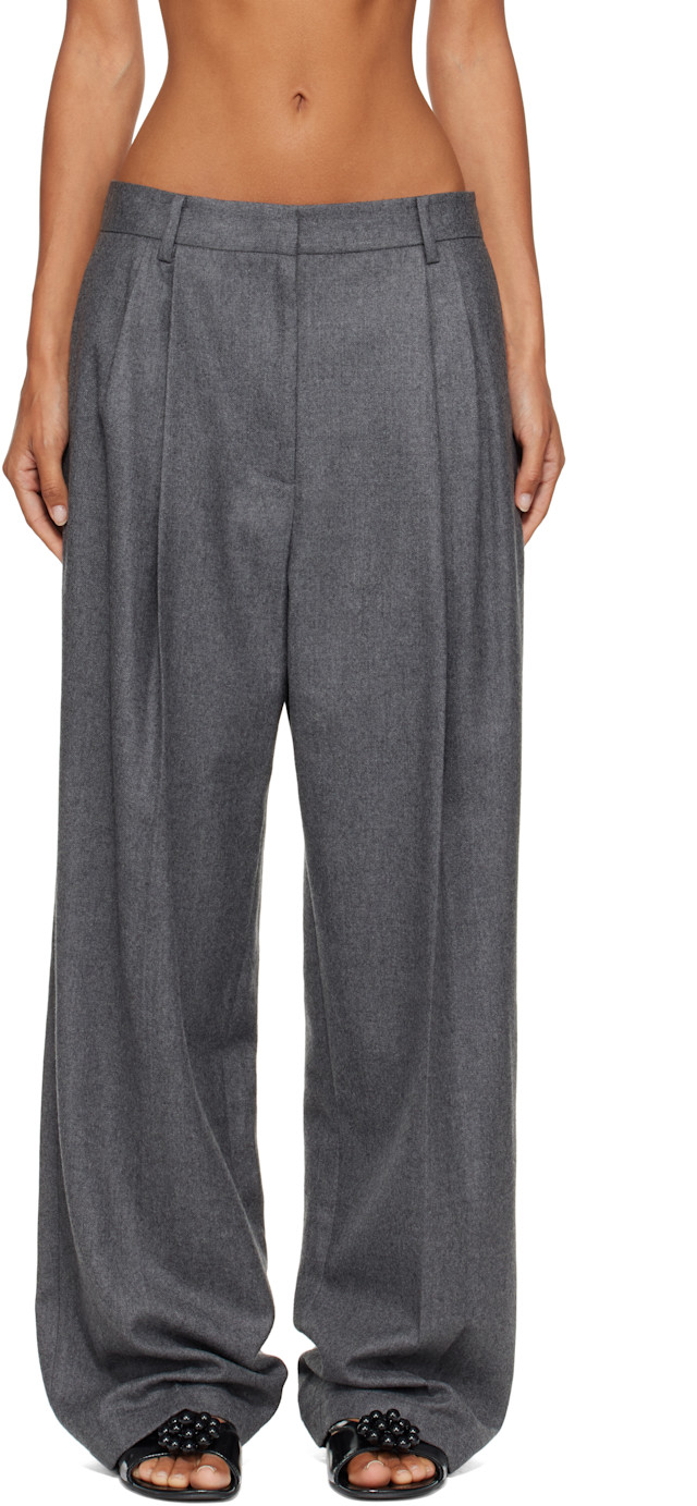 【HERMES】Wool Wide Tuck Trousers GRAY LE17SEPTEMBRE: Gray Tuck Tailored Wool Trousers | SSENSE