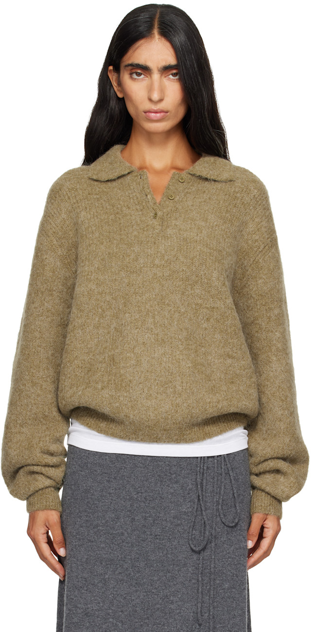 LE17SEPTEMBRE: Khaki Textured Alpaca Collar Knit Polo | SSENSE