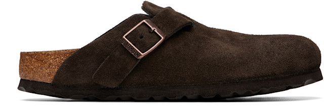 Birkenstock: ブラウン Narrow Boston Soft Footbed スエード クロッグ