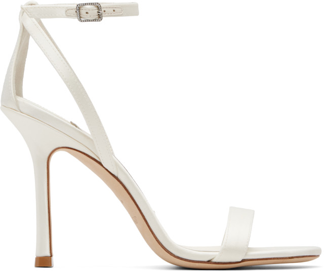 Jimmy Choo: White Moza 100 Satin Crystal Buckle Heeled Sandals