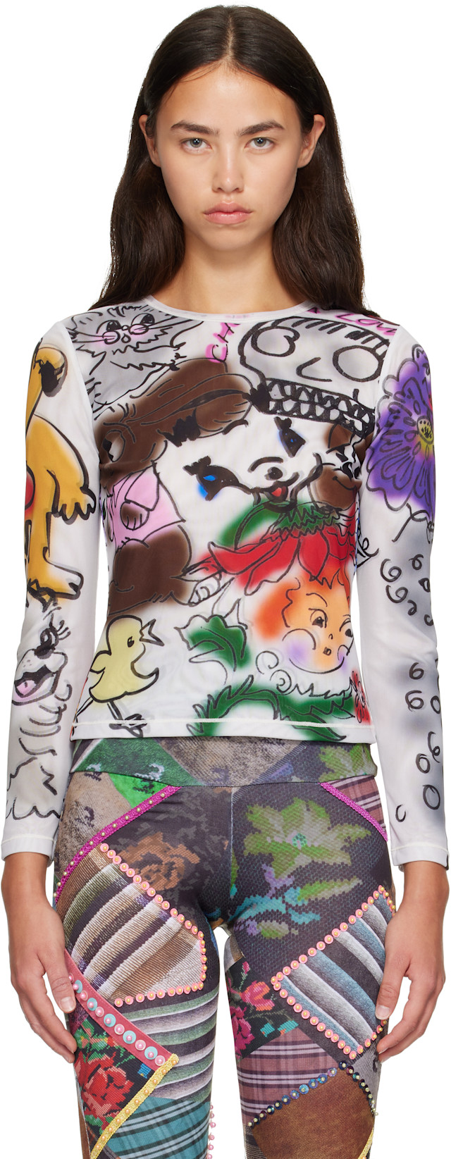 Chopova Lowena グラフィック トップス XS Chopova Lowena: ホワイト Spray It Fitted メッシュ トップス