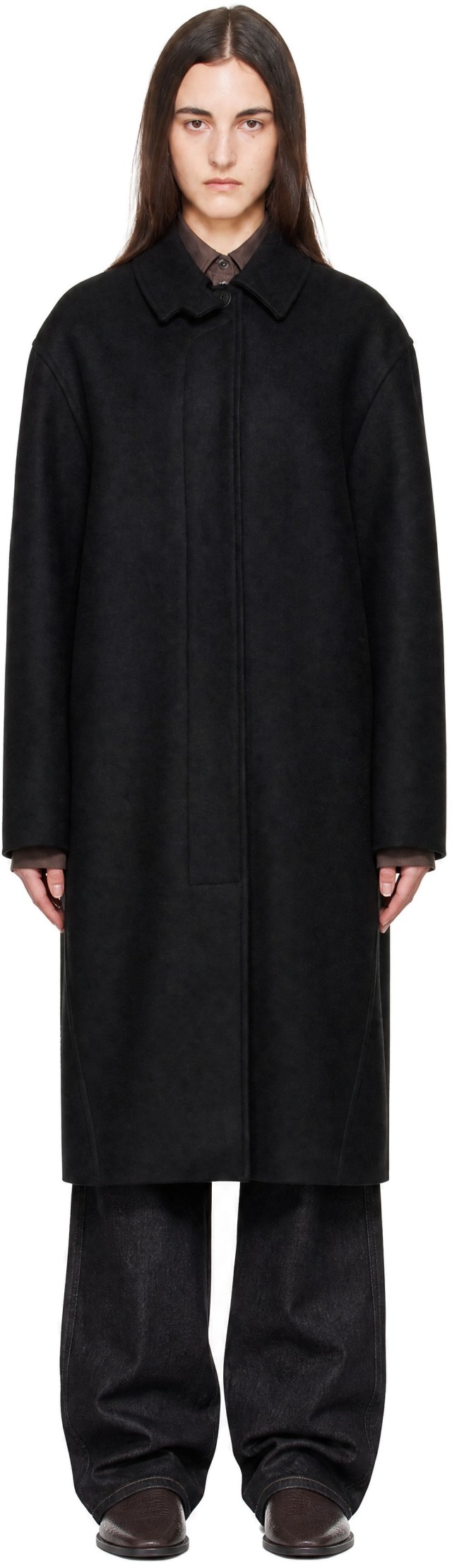 Studio Nicholson: Black Ria Wool Melton Overcoat | SSENSE Canada