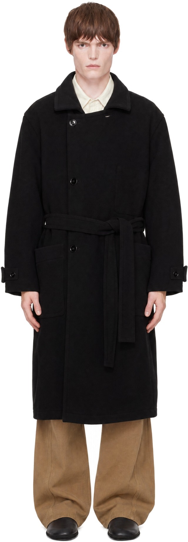 LEMAIRE: Black Wrap Double Wool Coat | SSENSE