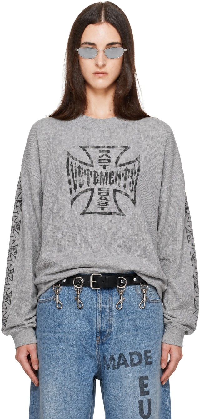 VETEMENTS: グレー Big Biker Cross ワッフル 長袖Tシャツ | SSENSE 日本