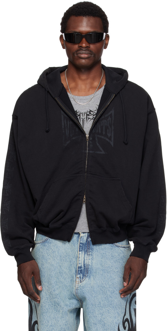 VETEMENTS: Black Big Biker Cross Zip-Up Hoodie | SSENSE