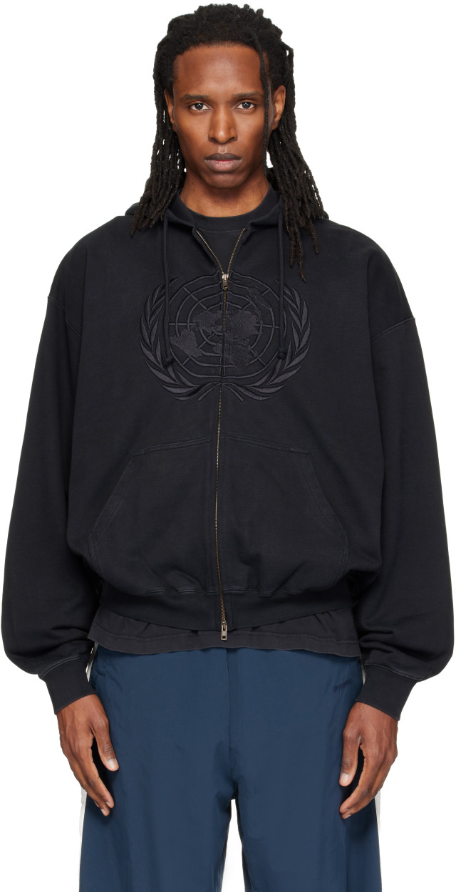 VETEMENTS: Black Embroidered Zip Up Hoodie | SSENSE