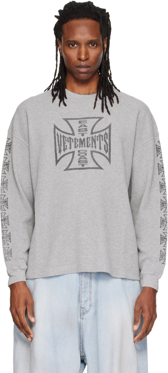 VETEMENTS: Gray Biker Cross Logo Longsleeve T-shirt | SSENSE