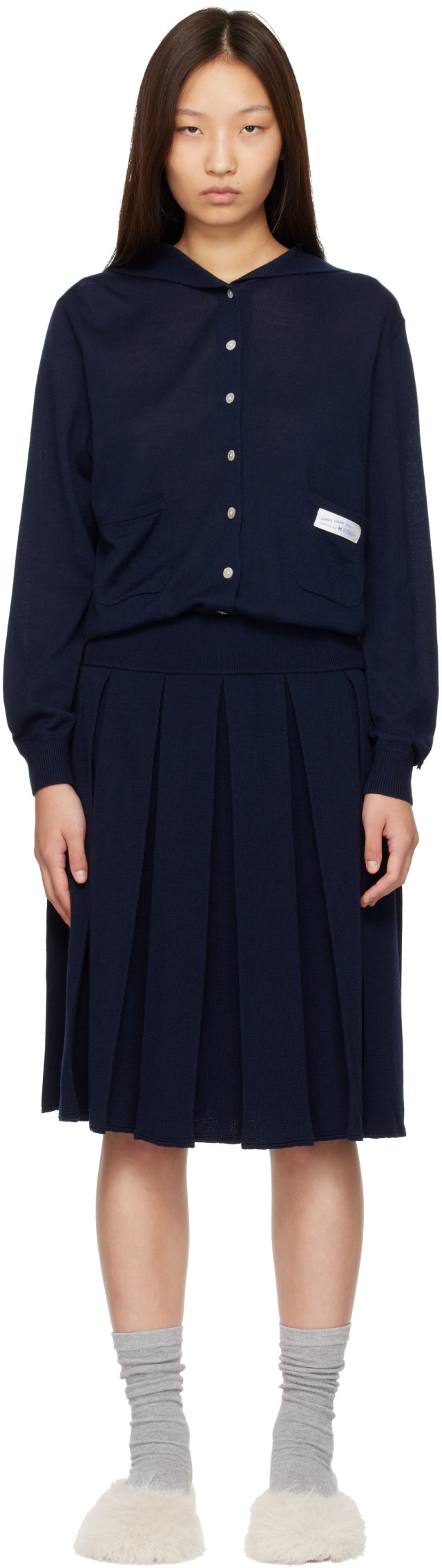 Sandy Liang: Navy Shortcake Knit Midi Dress | SSENSE United Kingdom