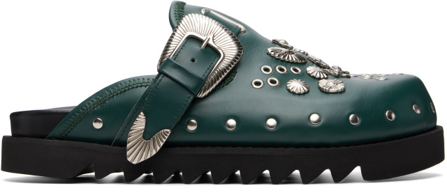 靴 TOGA VIRILIS EYELET L SABOT 43 Toga Virilis: SSENSE Exclusive Green Eyelet Metal Sabot Slip-on