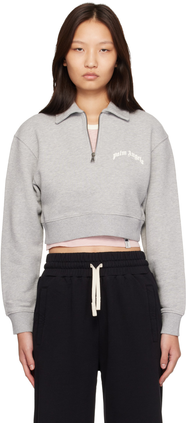 Palm Angels: Gray Curved Logo Crop Crew Long Sleeve Polo | SSENSE