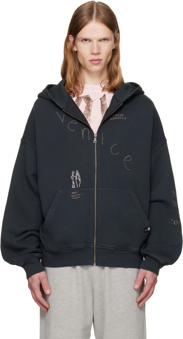 Palm Angels: Black 'Surfer Dream' Zipped Loose Hoodie | SSENSE