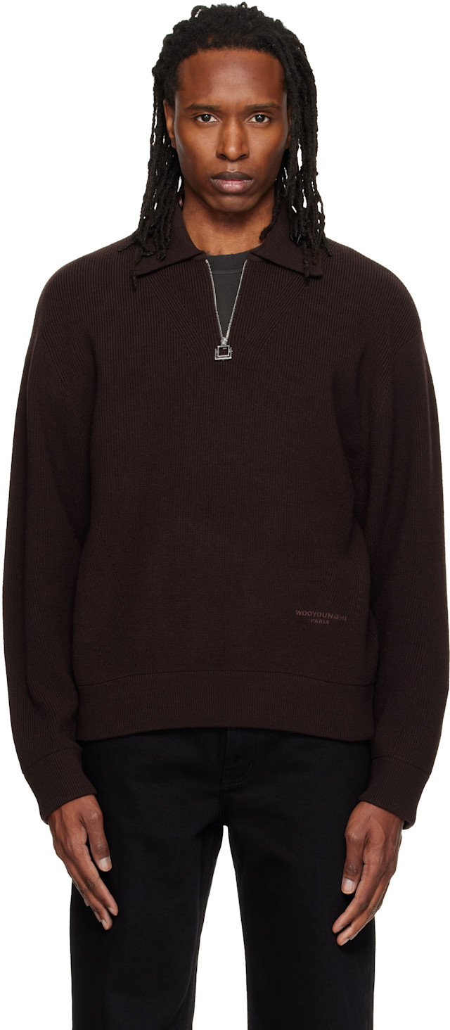 WOOYOUNGMI: Brown Ribbed Wool Polo | SSENSE