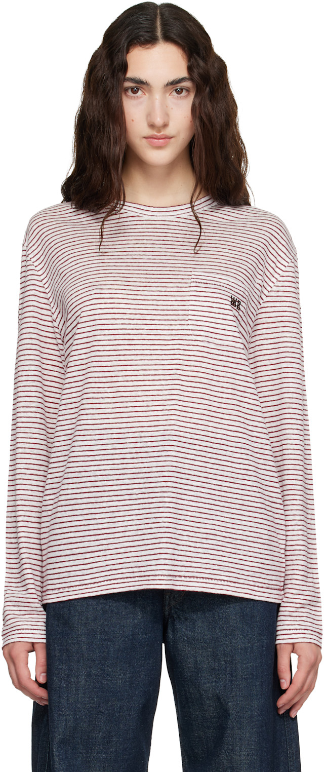 Wales Bonner: Off-White & Burgundy Linen Stripe Jersey Hour T