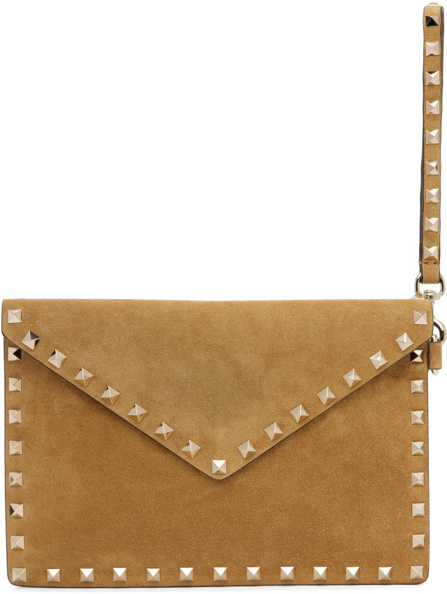 Valentino Garavani: ベージュ ミディアム Rockstud Flat ポーチ