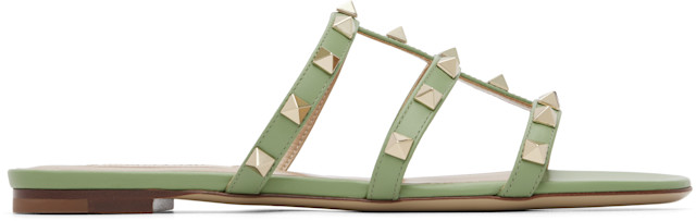 Valentino Garavani: Green Rockstud Flat Slide Sandals | SSENSE