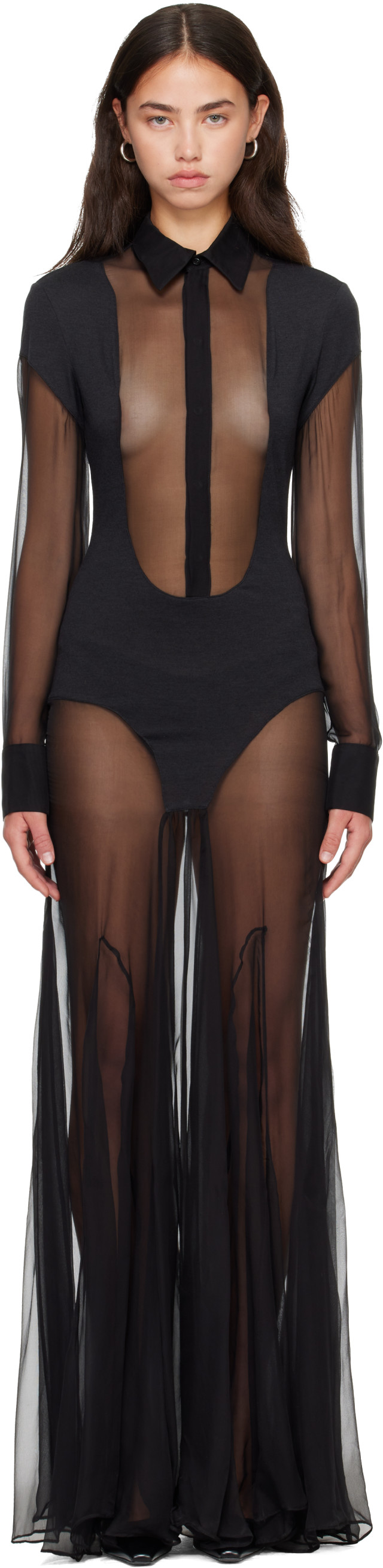 Jean Paul Gaultier: Black Silk Bi Material Maxi Dress | SSENSE