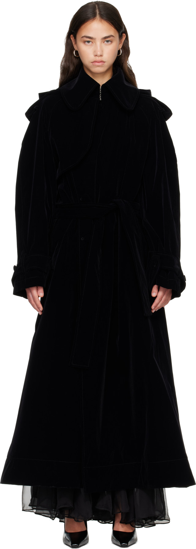 Jean Paul Gaultier: Black Nylon Flock Long Trench Coat | SSENSE