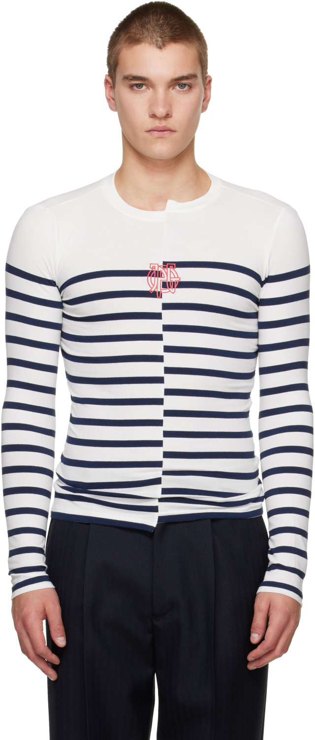 Jean Paul Gaultier: White & Navy 'The JPG Marinière' T-shirt | SSENSE