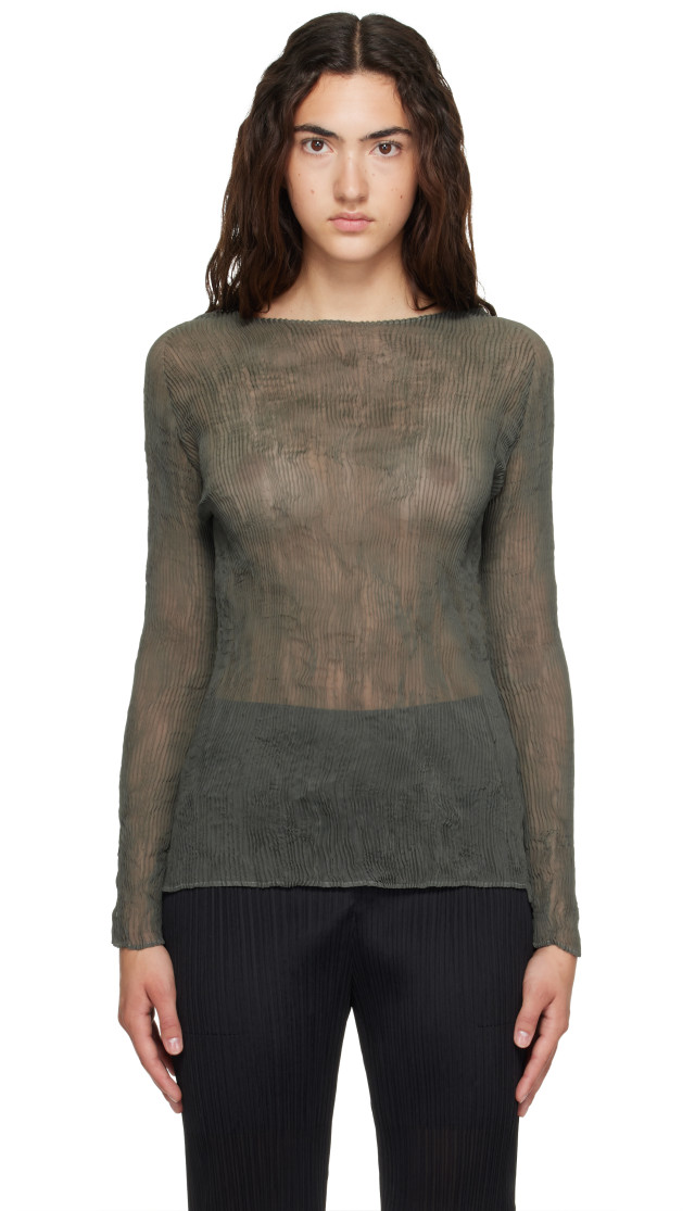 ISSEY MIYAKE: Green Chiffon Twist 2 Top | SSENSE