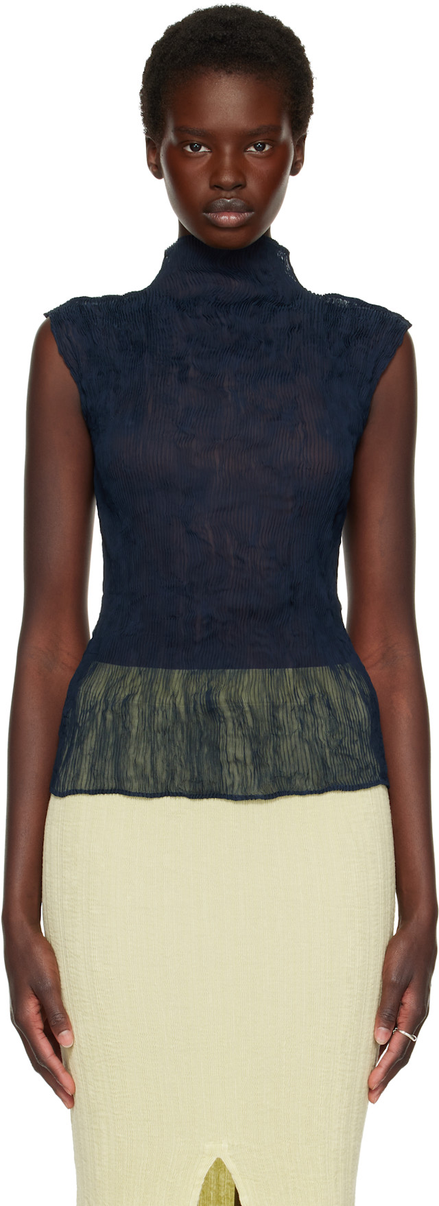 ISSEY MIYAKE: Navy Chiffon Twist 1 Top | SSENSE