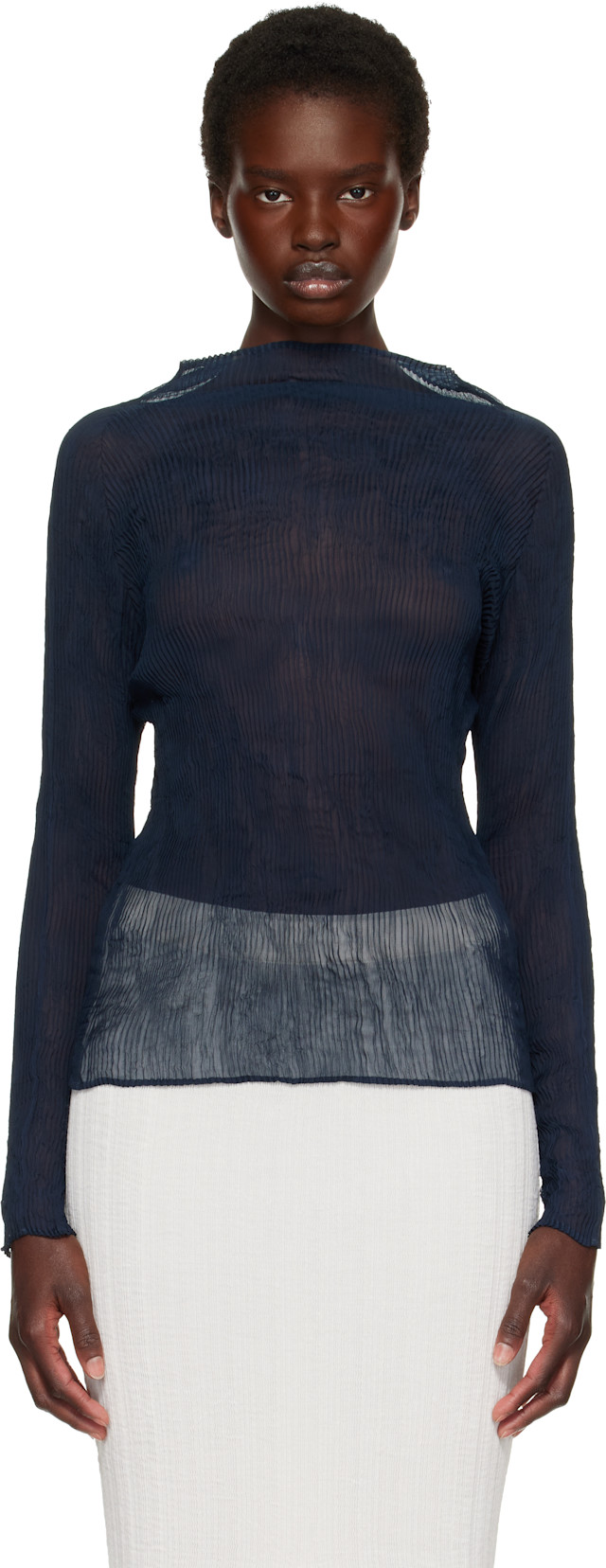 ISSEY MIYAKE: Navy Chiffon Twist 1 Top | SSENSE Israel