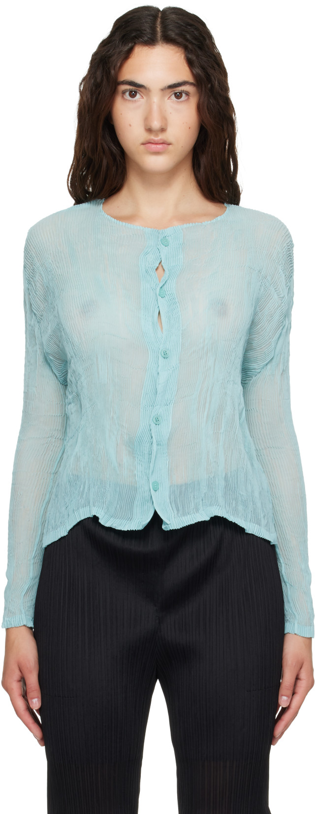 ISSEY MIYAKE: Blue Chiffon Twist 2 Cardigan | SSENSE