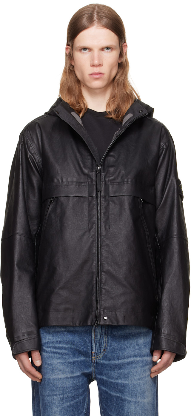 Stone Island: Black 0100001 Organza Leather Jacket | SSENSE