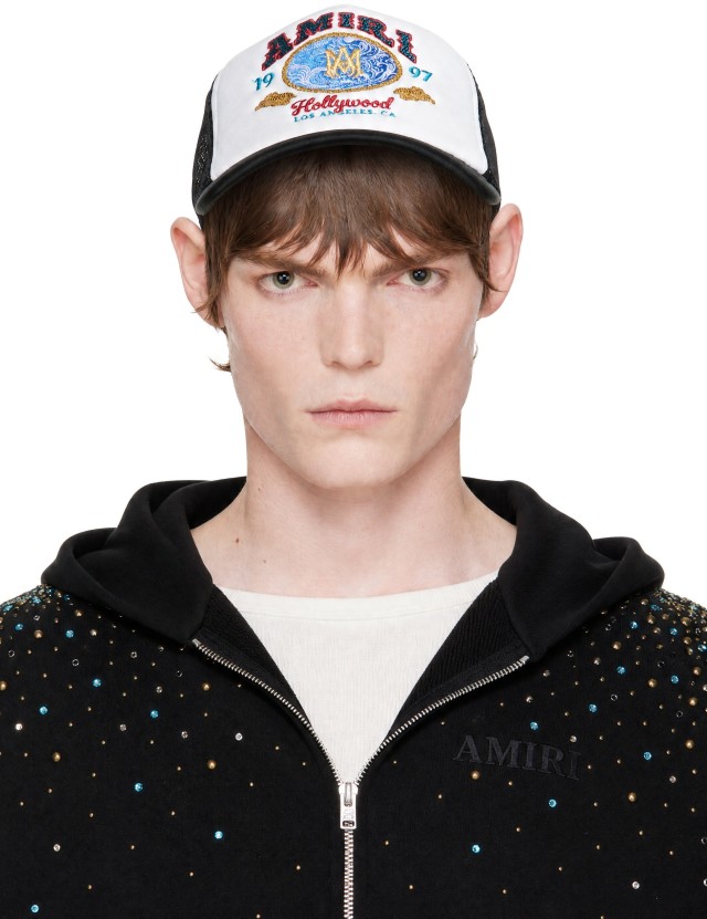 AMIRI キャップ ホワイト ブラック AMIRI: ブラック＆ホワイト 'Amiri' Wave Foam トラッカーキャップ