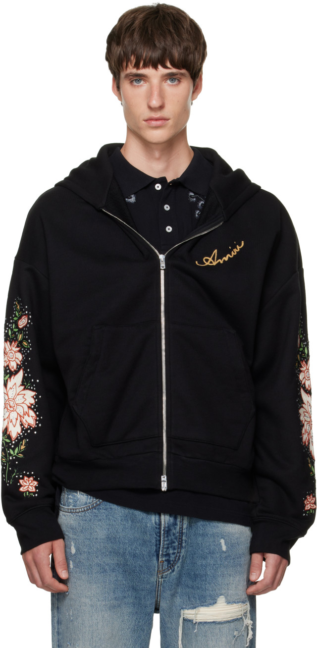 AMIRI: ブラック Floral Sleeve ジップフーディ | SSENSE 日本